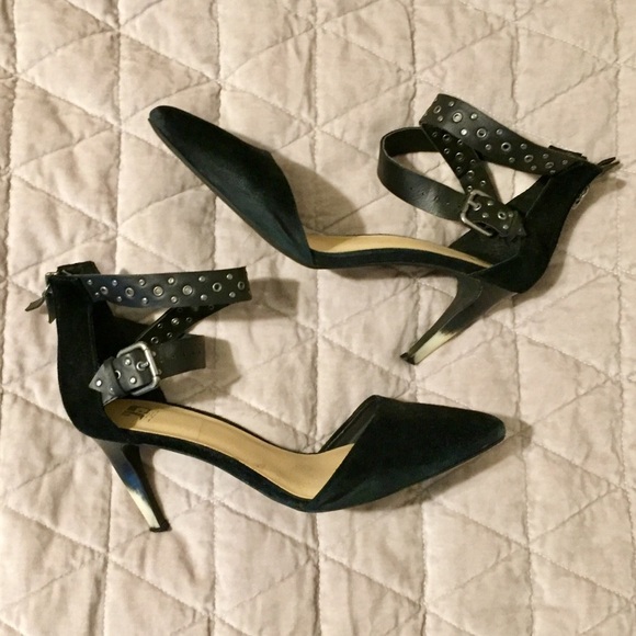 Joes Jeans Black Suede Studded Zip Back Heels - Ankle Wrap Straps - Pointed Toe - Picture 2 of 5